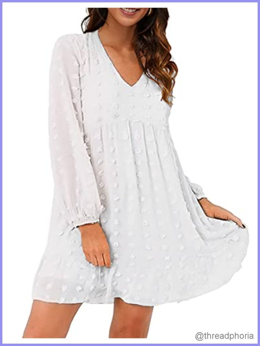 Chiffon Flowy Babydoll Dress Long Sleeve V Neck Mini Tunic